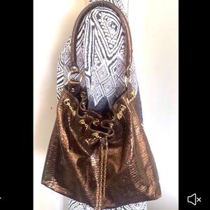 Marilu Large Leather Metallic Bronze Handbag ~ Hobo Bag ~ Bucket Bag Drawstring
